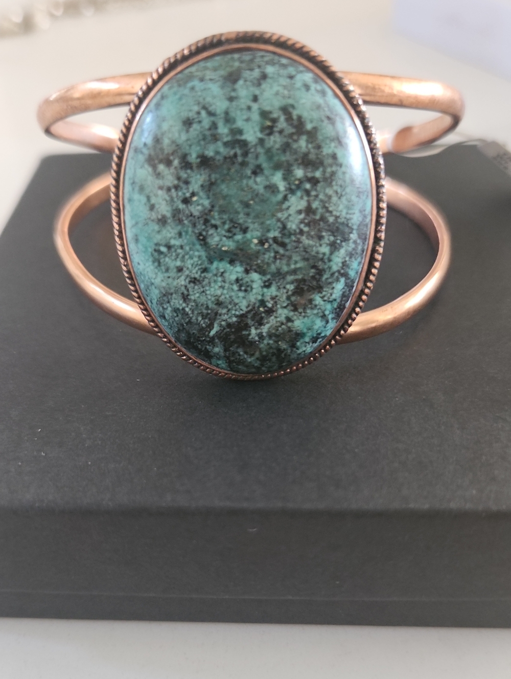 Copper Cuff Bracelet with Turquoise Natural Tibatan Oval Stone - Women Jewelry